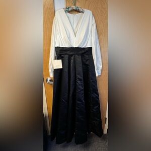 LanTing A-Line Dress Plunging Neck Floor Length Satin Dress with Ruching